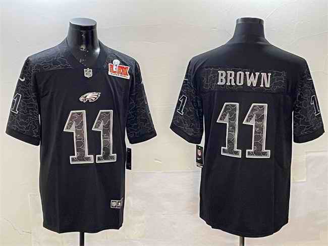 Men's Philadelphia Eagles #11 A.J. Brown Black 2025 Super Bowl LIX Patch Reflective Vapor Untouchable Limited Stitched Football Jersey